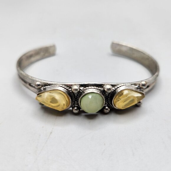 Silver Tone Cuff Bracelet Western Bohemian 3 Setting Adjustable Yellow Green - Picture 2 of 6